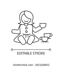 Pretend kitchenware pixel perfect linear icon. Baby doll with tea set. Playing pretend game.Thin line customizable illustration. Contour symbol. Vector isolated outline drawing. Editable stroke