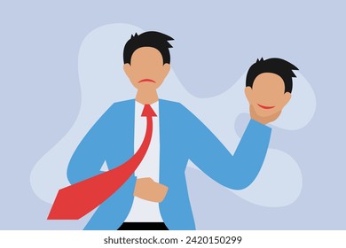 Pretending to be happy - Businessman with sad face wearing happy mask 2d vector illustration