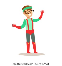 Pretending To Have Super Powers Dressed In Green And Red Superhero Costume With Suspenders And Glasses Smiling Character