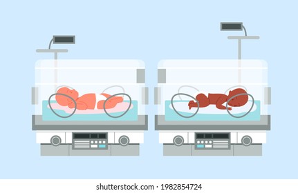 Preterm baby incubator with infants, neonatal intensive therapy, neonatologist equipment