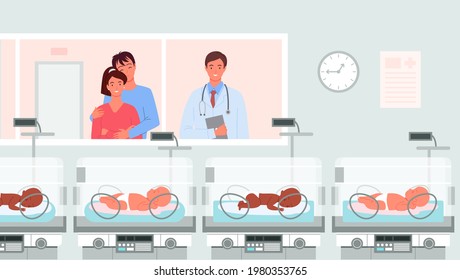 Preterm baby incubators, neonatologist and happy parents standing in hospital ward