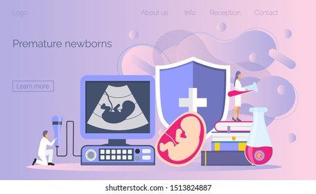 Frühgeburt und Frühgeborene für die Landungsseite. Der Weltvorreifentag wird am 17. November gefeiert. Kleine Leute scannen Embryo. Nichthaften der Schwangerschaft, extrakorporales Düngekonzept, Vektorgrafik