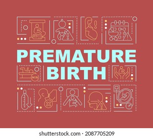 Preterm labor and birth word concepts banner. Health complications risk. Infographics with linear icons on red background. Isolated creative typography. Vector outline color illustration with text