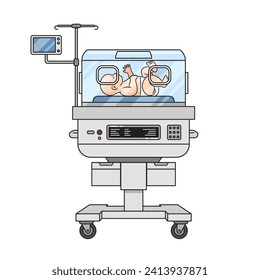 Preterm premature birth baby child at neonatal incubator diagram hand drawn schematic vector illustration. Medical science educational illustration