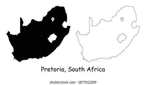 Pretoria, South Africa. Detailed Country Map with Location Pin on Capital City. Black silhouette and outline maps isolated on white background. EPS Vector