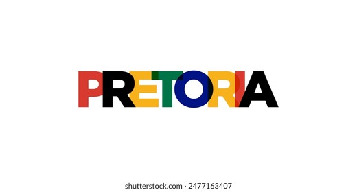 Pretoria en el emblema de Sudáfrica. El diseño presenta un estilo geométrico, Ilustración vectorial con tipografía audaz en un estilo moderno. La letra gráfica del eslogan.