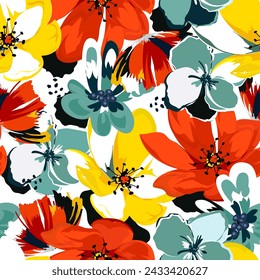 Pretty abstract spring flowers pattern, seamless repeat for wallpaper and textile. Hawaiian flowers in bright colors.