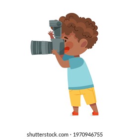 Pretty African American Boy Holding Digital Camera Taking Photograph Vector Illustration
