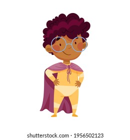 Pretty African American Boy Wearing Cape as Superhero Standing with His Hands on Hips Pretending Having Power for Fighting Crime Vector Illustration