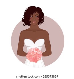 Pretty African American Bride in Her Wedding Dress with bouquet. Vector illustration.