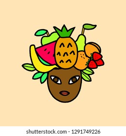 Pretty african american cartoon girl with fresh fruits hair, colorful rough thick contour drawing, vector illustration