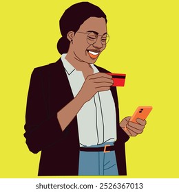 A Pretty African American corporate lady holding a debit card and cell phone looking happy with her messages wearing glasses