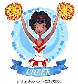 Pretty African American girl. Cheerleader with Pom Poms. Vector clip-art illustration on a white background.