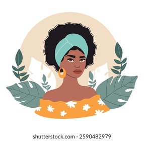 Pretty African American Girl. Female Modern Ethnicity Portrait with leaves. Vector illustration in flat style