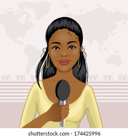 Pretty African American girl reports news