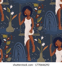 Pretty African American Girl Seamless Vector Pattern. Black Beauty Hand Drawn Textured Tropical Summer Illustration. Female Black Woman Fashion Background.