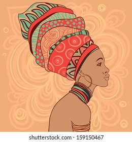 Pretty African American Girl in traditional turban. Profile view. 