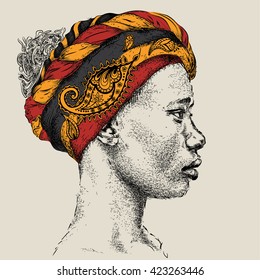 Pretty African American Girl in a turban with Paisley. Beautiful black woman. Profile view. Hand draw vector illustration