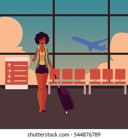 Pretty African American girl, woman traveler with backpack and suitcase in airport terminal interior with a view of airplane. Full length portrait of beautiful black, African girl, woman with luggage