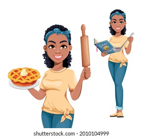 Pretty African American housewife, set of two poses. Cute lady cartoon character doing domestic work. Stock vector illustration on white background