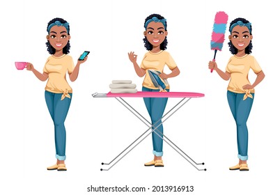 Pretty African American housewife, set of three poses