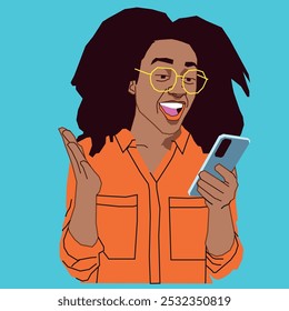 Una bonita mujer afroamericana sorprendida con su alerta de teléfono celular mientras llevaba gafas