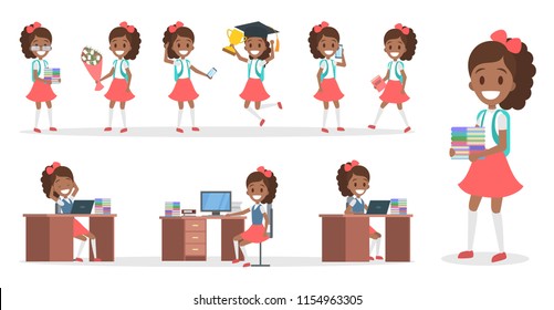Pretty african american school kid female character set with various school tools, poses and gestures. Child study hard. Isolated vector illustration
