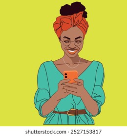 A pretty African American traditional lady with a cell phone smiling to her messages wearing glasses looking so happy