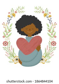 Pretty african american woman holds a big heart with floral frame background.