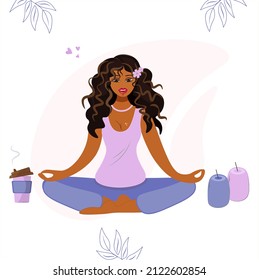 Pretty african american woman meditating in lotus position at home. A beautiful girl, a woman in a pink t-shirt is doing yoga with a cup of coffee. Intimacy with candles. Vector isolated cartoon, flat