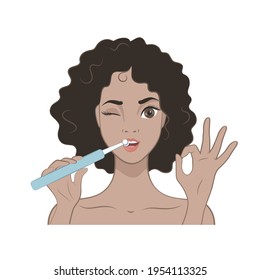Pretty African American woman with toothbrush isolated on the white background. Vector illustration in cartoon style