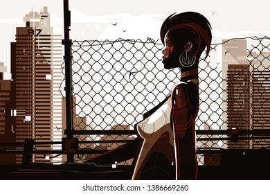 Pretty african american woman vector illustration. Stylish shortcut lady with unusual appearance and perfect slim figure standing outdoors flat style concept. Cityscape background