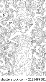 pretty african girl in ethnic dress holding vase on her head standing in fancy garden for your coloring book