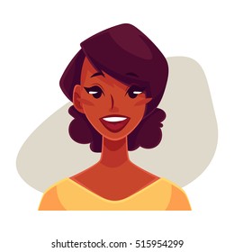 Pretty African girl, wow facial expression, cartoon vector illustrations isolated on gray background. Black woman surprised, amazed, astonished. Surprised, wow face expression