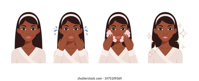 Pretty African Woman Treats Problem Skin. The Black Girl washes her Face, applies soapy Foam. Happy Lady and Clean face. Flat color cartoon style. White background. Vector stock illustration.