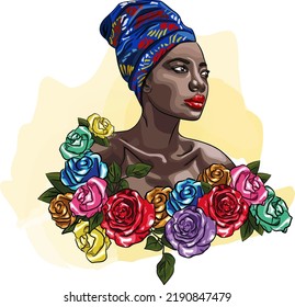 Pretty African woman in turban hand drawn sketch. Attractive elegant afro lady with head scard colorful illustration. Beautiful young girl with rose flowers for sublimation print, postcard 