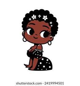 Pretty African Young Woman Wearing Dress Vector Icon Illustration. Beauty African American Woman Cartoon Character Mascot Clipart. Fashion Vector Illustration in Flat Cartoon Style.