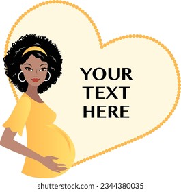Pretty african-american woman with a pregnant belly and heart shape for custom text