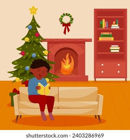 A pretty African-American woman is sitting on the couch in a room with a Book. Christmas interior. Christmas fairy tales and stories. Vector illustration. the new year is coming soon