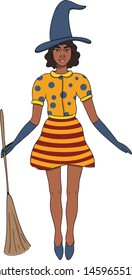 Pretty Afro woman standing in front of a school blackboard and holding a book in her hands hand drawn vector illustration isolated on a white background