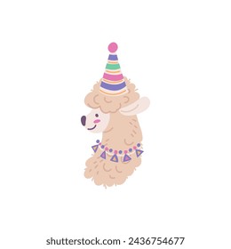 A pretty alpaca face in a festive kalpak on a white background. A vector postcard perfect for fun birthday greetings and party invitations.