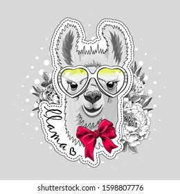 Pretty alpaca with flowers, glasses and bow. Vector illustration of dressed llama. Print on T-shirts, bags and other fashion products. Design children's clothing and accessories. 
