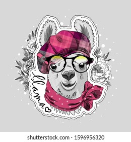 Pretty alpaca with flowers, hat, glasses and scarf. Vector illustration of dressed llama. Print on T-shirts, bags and other fashion products. Design children's clothing and accessories. 
