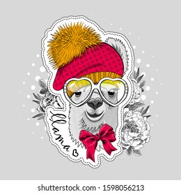 Pretty alpaca with flowers, hat, glasses and scarf. Vector illustration of dressed llama. Print on T-shirts, bags and other fashion products. Design children's clothing and accessories. 
