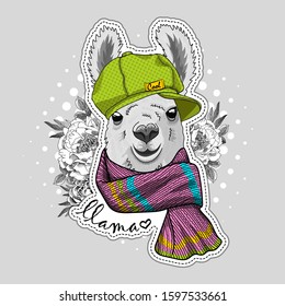 Pretty alpaca with flowers, hat and scarf. Vector illustration of dressed llama. Print on T-shirts, bags and other fashion products. Design children's clothing and accessories. 
