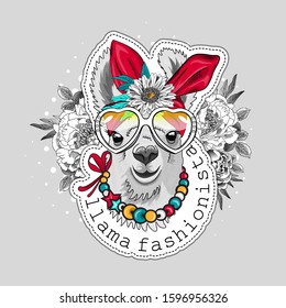 Pretty alpaca with flowers, necklace, turban and glasses. Vector illustration of dressed llama. Print on T-shirts, bags and other fashion products. Design children's clothing and accessories.