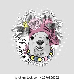 Pretty alpaca with flowers, necklace, wreath and scarf. Vector illustration of dressed llama. Print on T-shirts, bags and other fashion products. Design children's clothing and accessories.