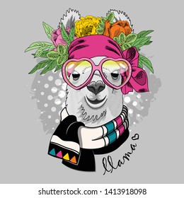 Pretty alpaca with pink glasses, flowers, scarf and pink turban. Hand drawn illustration of dressed llama. Vector illustration. 