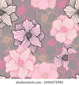 Pretty anemone bloom repeating design. Organic floral background. Anemone flower with outline petals. Fabric print. Garden blossom spring endless sample stencil motif.