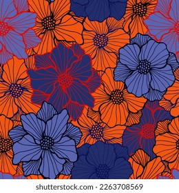 Pretty anemone flower seamless sample. Hand drawn bouquet composition. Anemone blossom with doodle petals. Wrapping print. Meadow bloom spring repeating pattern gift wrap motif.